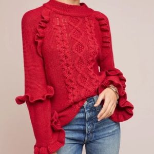 Anthropologie Red Ruffled Cable-Knit Sweater XS